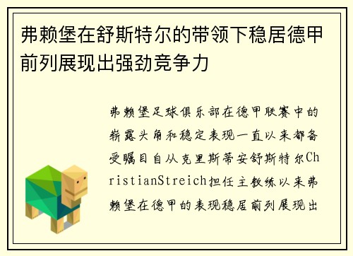 弗赖堡在舒斯特尔的带领下稳居德甲前列展现出强劲竞争力 弗赖堡在舒斯特尔的带领下稳居德甲前列展现出强劲竞争力